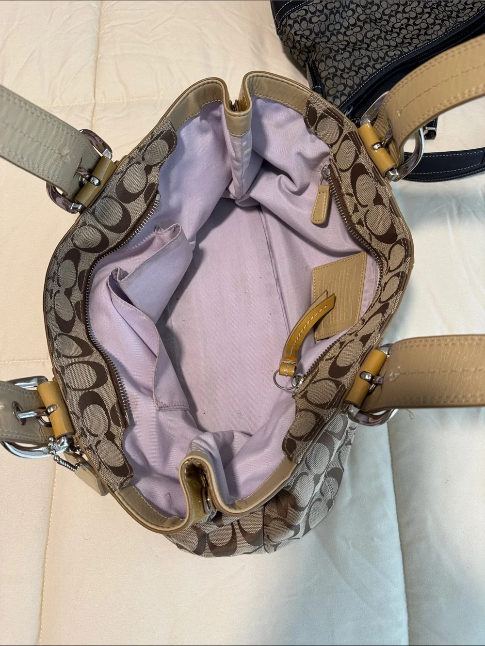 Coach Brown Signature Tote with Yellow Patent Trim
